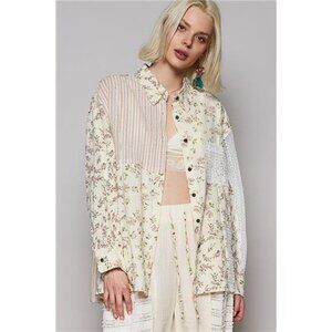 POL Lace Patchwork Floral Button-Up Shirt